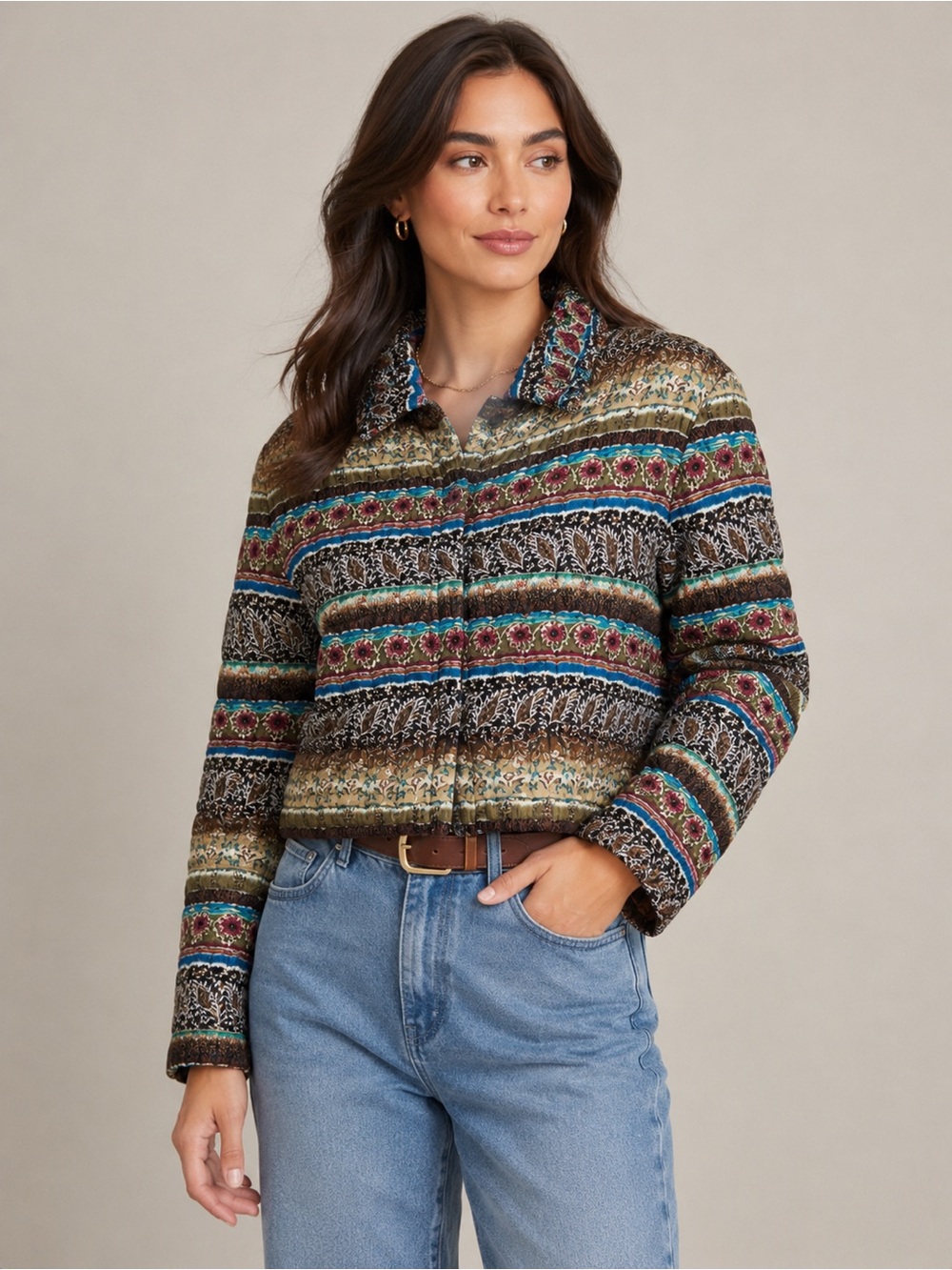Vintage Genuine Tapestry Cropped Jacket Boho Floral Striped Quilted Coat‎